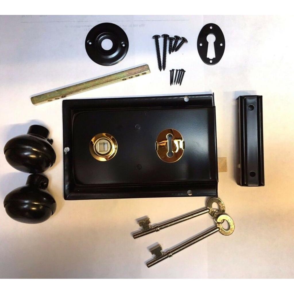 Satin BLACK Metal Rim Sashlock Lock & Knob Set Door Lever Knobs Spindle