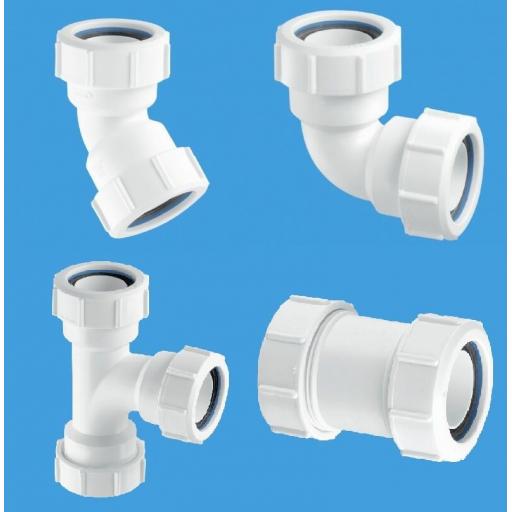 32mm & 40mm Waste Pipe Fittings 45 & 90 Elbow, Straight, Swept Tee Compression